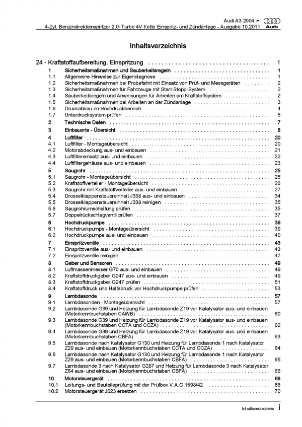 Audi A3 8P 2003-2012 Benzin Einspritz- Zündanlage 200 PS Reparaturanleitung PDF