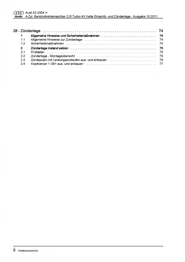 Audi A3 8P 2003-2012 Benzin Einspritz- Zündanlage 200 PS Reparaturanleitung PDF