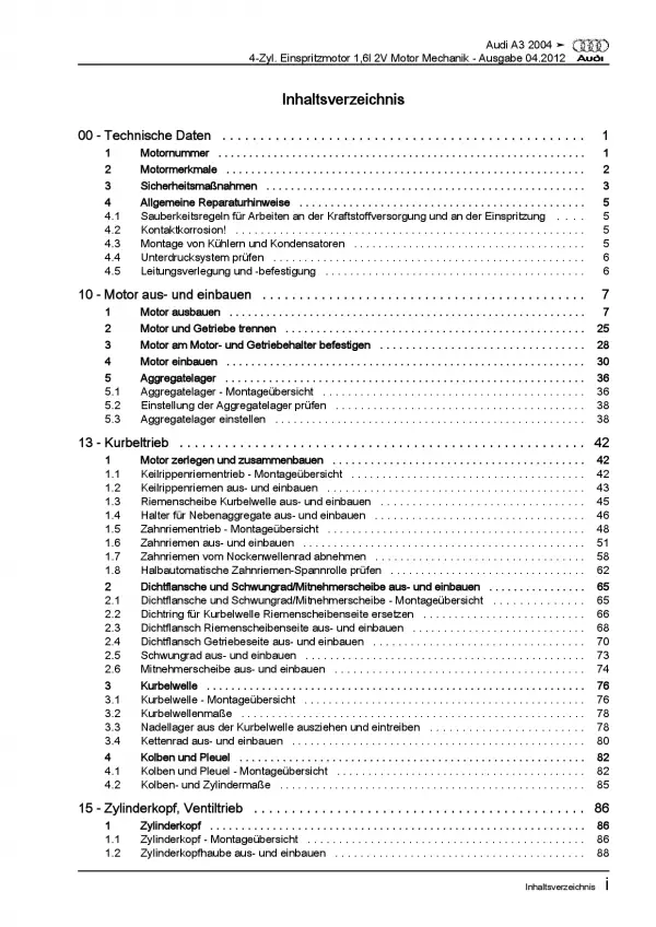 Audi A3 8P 2003-2012 1,6l Benzinmotor 102 PS Mechanik Reparaturanleitung PDF