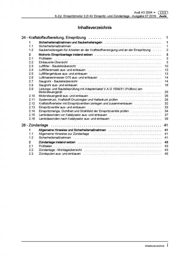 Audi A3 8P (03-12) Benzin Einspritz- Zündanlage 250 PS Reparaturanleitung PDF