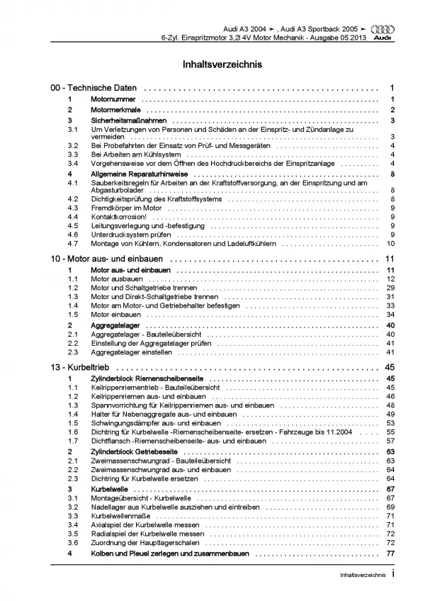 Audi A3 8P 2003-2012 3,2l Benzinmotor 250 PS Mechanik Reparaturanleitung PDF