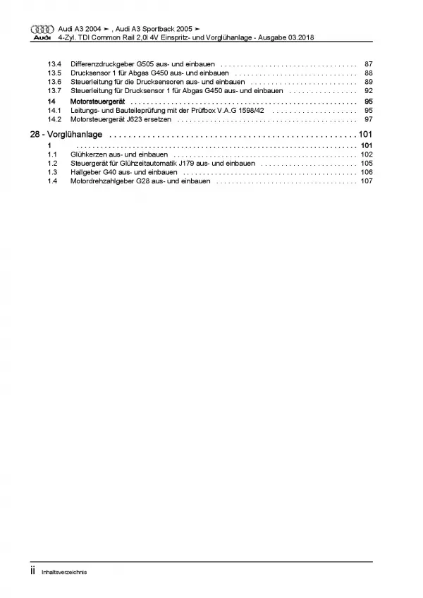 Audi A3 8P 2003-2012 Diesel Einspritz- Vorglühanlage 2,0l Reparaturanleitung PDF