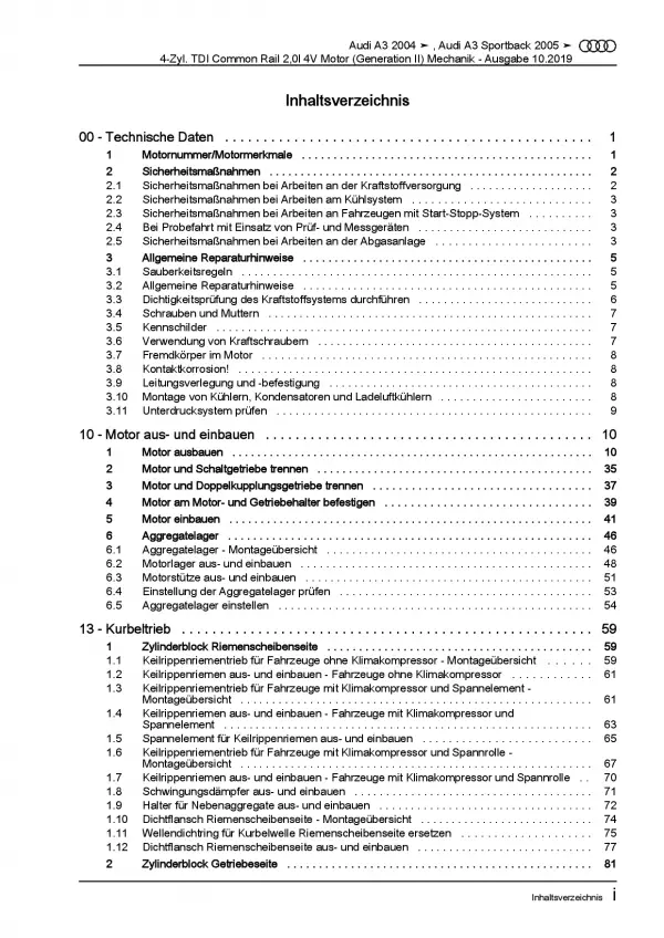 Audi A3 Typ 8P 2003-2012 Dieselmotor Mechanik 136-170 PS Reparaturanleitung PDF