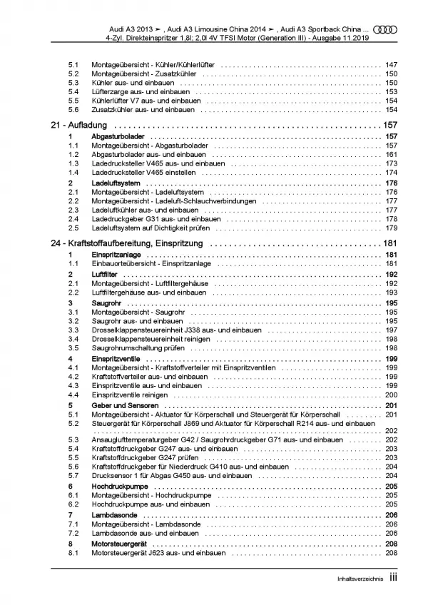 Audi A3 8V 2012-2020 1,8l 2,0l Benzinmotor 170-310 PS Reparaturanleitung PDF