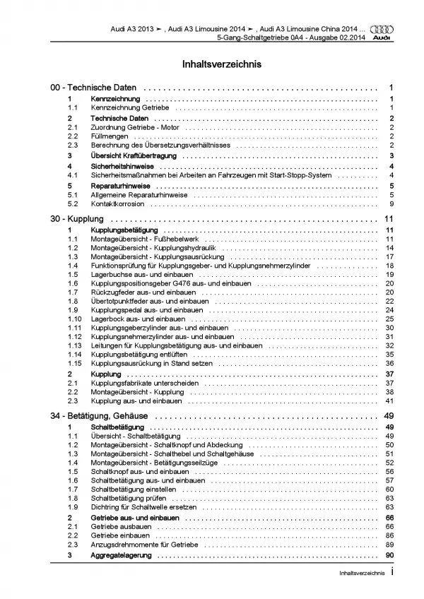 Audi A3 Typ 8V (12-20) 5 Gang Schaltgetriebe 0A4 Kupplung Reparaturanleitung PDF