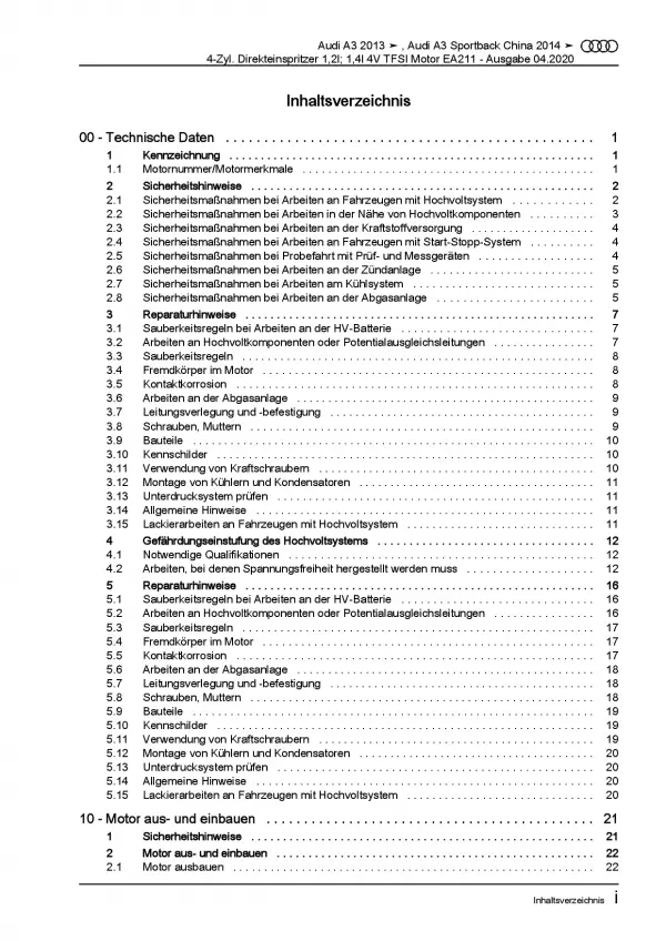 Audi A3 8V 2012-2020 1,2l 1,4l Benzinmotor 105-150 PS Reparaturanleitung PDF