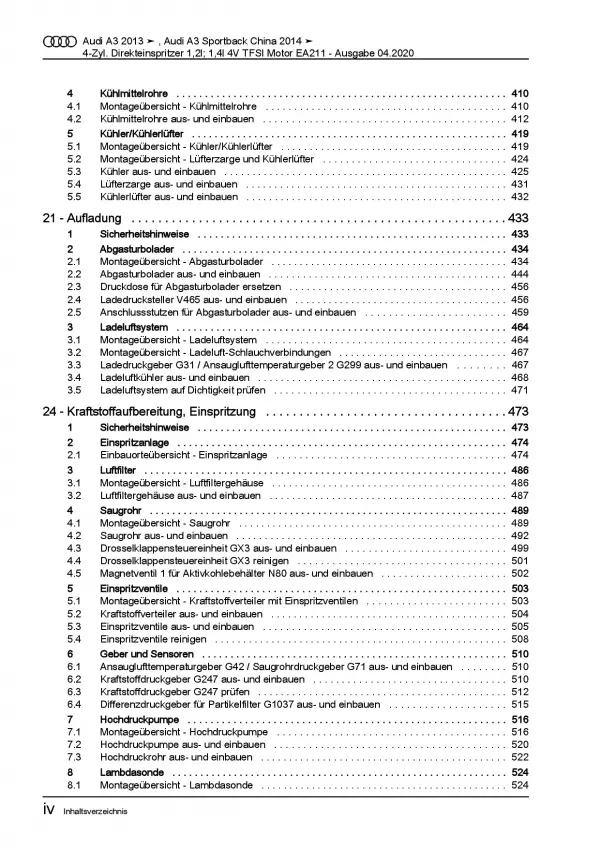 Audi A3 8V 2012-2020 1,2l 1,4l Benzinmotor 105-150 PS Reparaturanleitung PDF