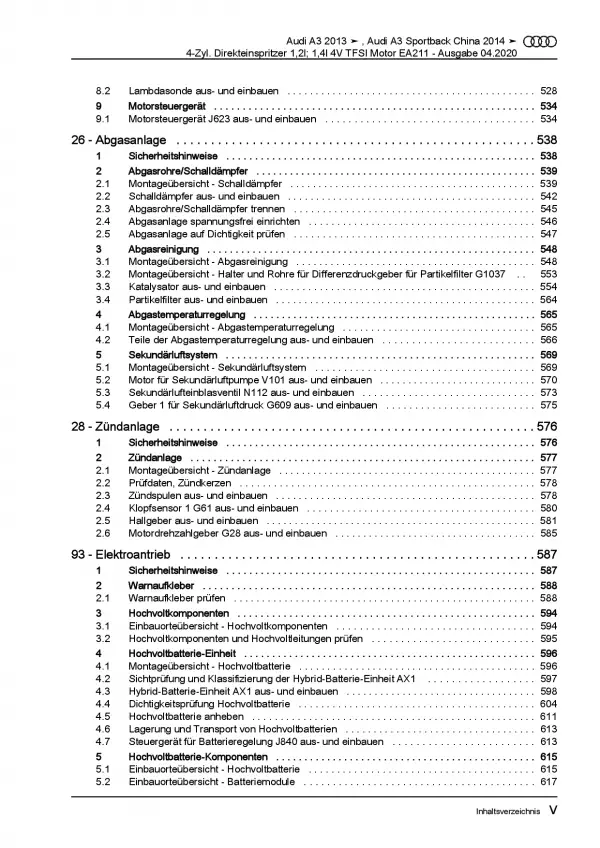 Audi A3 8V 2012-2020 1,2l 1,4l Benzinmotor 105-150 PS Reparaturanleitung PDF