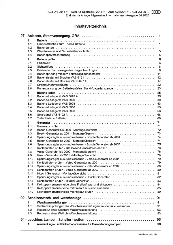 Audi A3 8V 2012-2020 Allgemeine Infos Elektrische Anlage Reparaturanleitung PDF