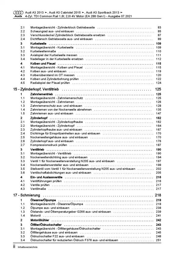 Audi A3 8V 2012-2020 1,6l 2,0l Dieselmotor 105-184 PS Reparaturanleitung PDF