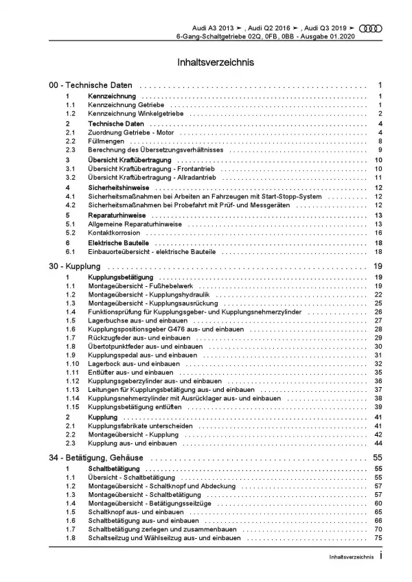 Audi A3 Typ 8V (12-20) 6 Gang Schaltgetriebe 02Q 0FB 0BB Reparaturanleitung PDF