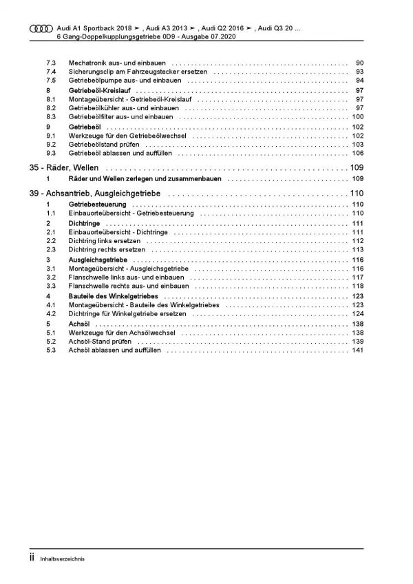 Audi A3 8V 2012-2020 6 Gang Automatikgetriebe DSG DKG 0D9 Reparaturanleitung PDF