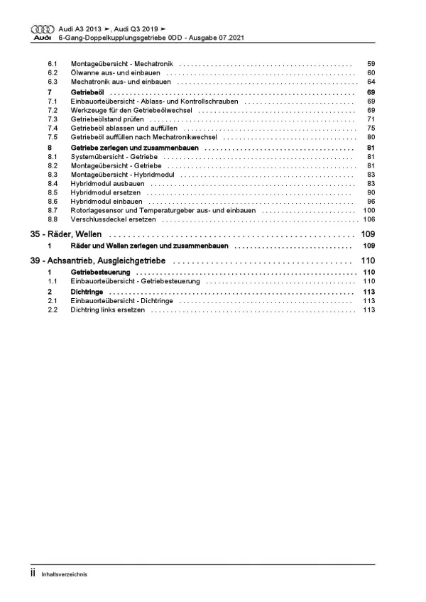 Audi A3 8V 2012-2020 6 Gang Automatikgetriebe DSG DKG 0DD Reparaturanleitung PDF