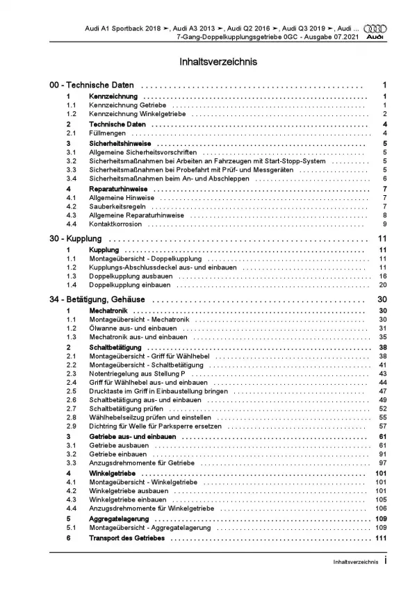 Audi A3 8V 2012-2020 7 Gang Automatikgetriebe DSG DKG 0GC Reparaturanleitung PDF