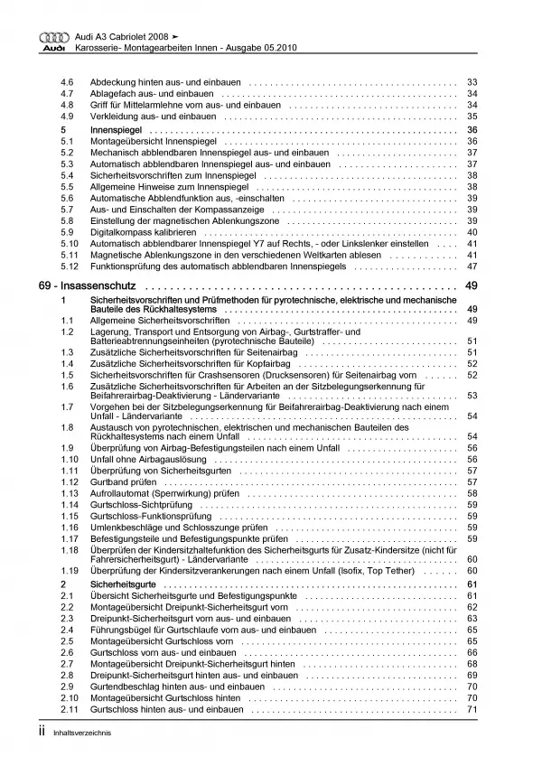 Audi A3 Cabrio 2008-2013 Karosserie Montagearbeiten Innen Reparaturanleitung PDF