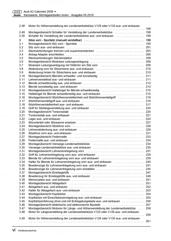 Audi A3 Cabrio 2008-2013 Karosserie Montagearbeiten Innen Reparaturanleitung PDF