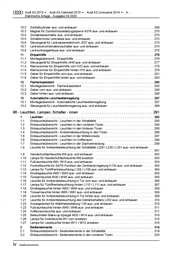 Audi A3 Cabriolet 2014-2020 Elektrische Anlage Systeme Reparaturanleitung PDF