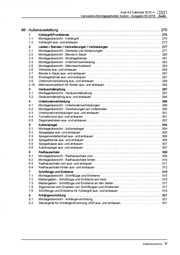 Audi A3 Cabrio 2014-2020 Karosserie Montagearbeiten Außen Reparaturanleitung PDF