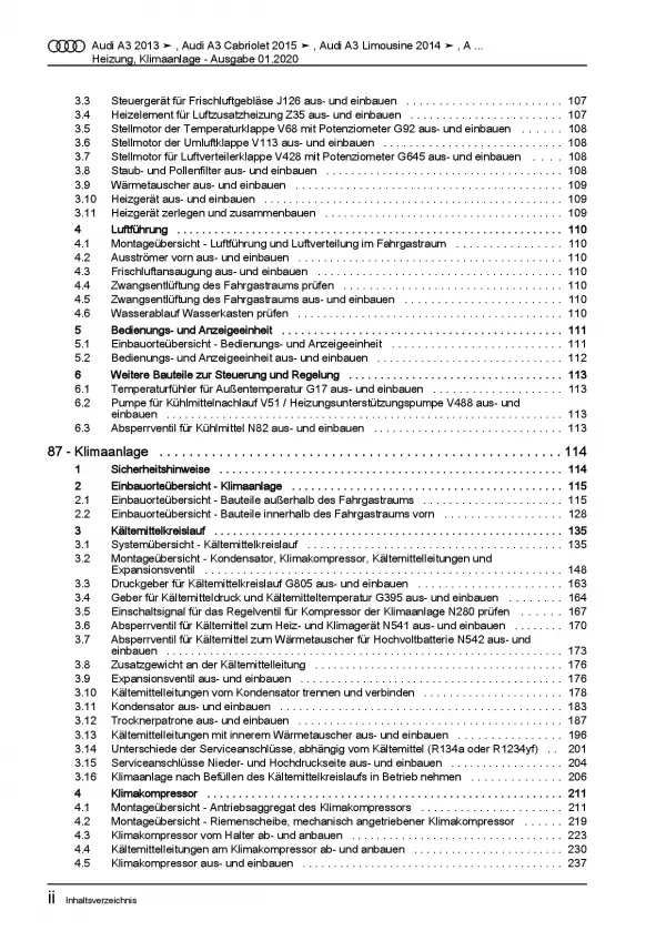 Audi A3 Cabriolet 2014-2020 Heizung Belüftung Klimaanlage Reparaturanleitung