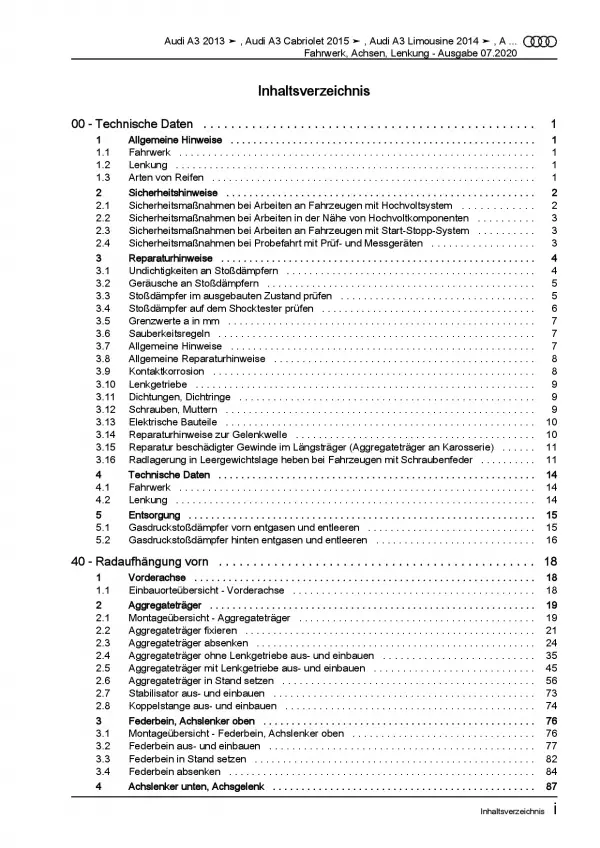 Audi A3 Cabriolet 2014-2020 Fahrwerk Achsen Lenkung Reparaturanleitung PDF