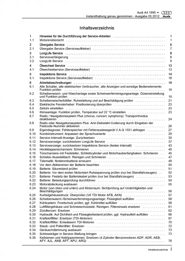 Audi A4 Typ 8D (94-02) Instandhaltung Inspektion Wartung Reparaturanleitung PDF