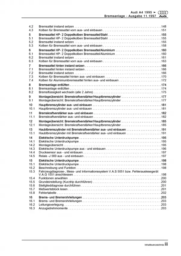 Audi A4 Typ 8D 1994-2002 Bremsanlagen Bremsen System Reparaturanleitung PDF