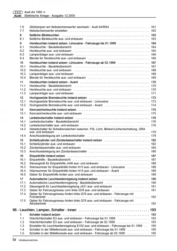 Audi A4 Typ 8D 1994-2002 Elektrische Anlage Elektrik Systeme Reparaturanleitung