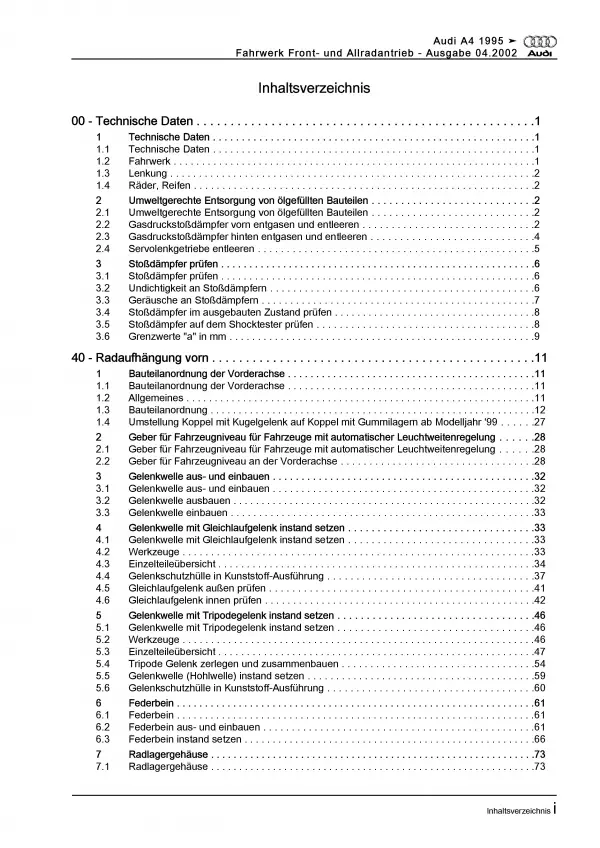 Audi A4 Typ 8D 1994-2002 Fahrwerk Achsen Lenkung FWD AWD Reparaturanleitung PDF