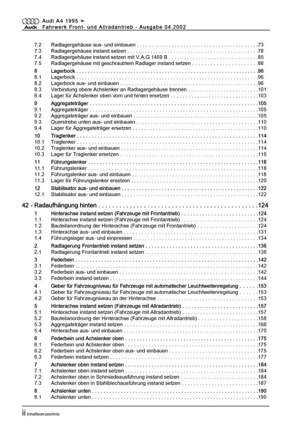 Audi A4 Typ 8D 1994-2002 Fahrwerk Achsen Lenkung FWD AWD Reparaturanleitung PDF