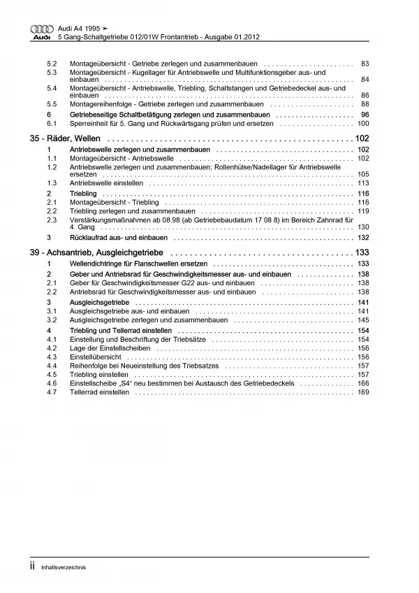 Audi A4 8D (94-02) 5 Gang Schaltgetriebe 012/01W Kupplung Reparaturanleitung PDF