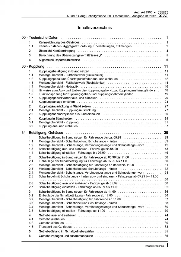 Audi A4 8D (94-02) 5 6 Gang Schaltgetriebe 01E Kupplung Reparaturanleitung PDF