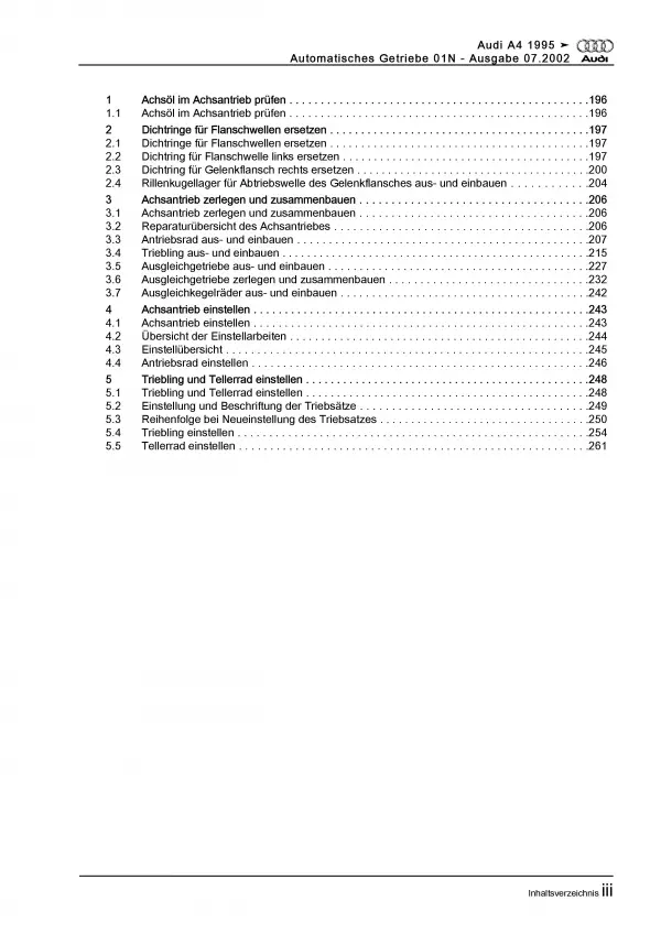 Audi A4 Typ 8D 1994-2002 4 Gang Automatikgetriebe 01N Reparaturanleitung PDF