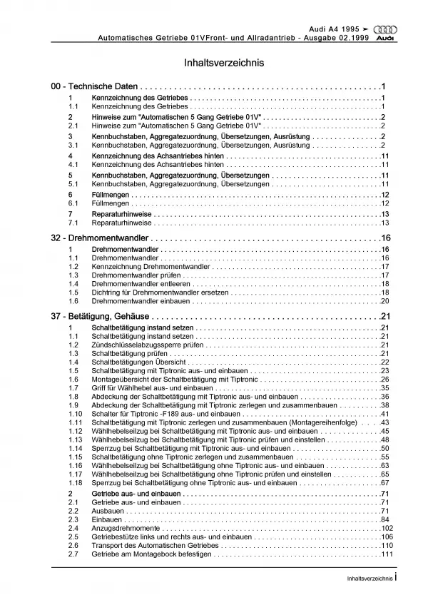 Audi A4 8D 1994-2002 5 Gang Automatikgetriebe 01V AWD FWD Reparaturanleitung PDF