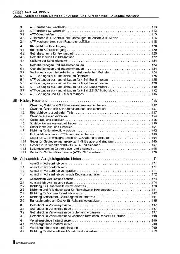 Audi A4 8D 1994-2002 5 Gang Automatikgetriebe 01V AWD FWD Reparaturanleitung PDF