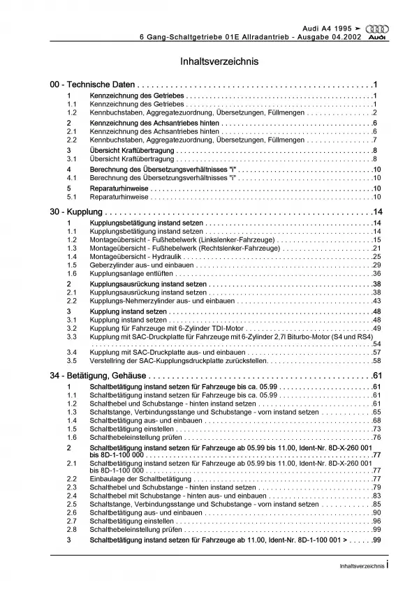 Audi A4 Typ 8D (94-02) 6 Gang Schaltgetriebe 01E Kupplung Reparaturanleitung PDF