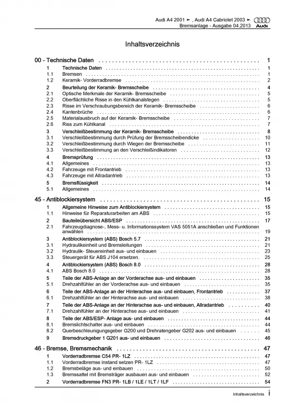 Audi A4 Typ 8E 2000-2008 Bremsanlagen Bremsen System Reparaturanleitung PDF