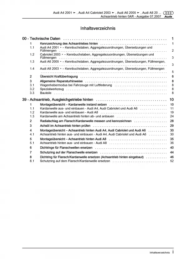 Audi A4 8E 2000-2008 Achsantrieb hinten 0AR Kardanwelle Reparaturanleitung PDF