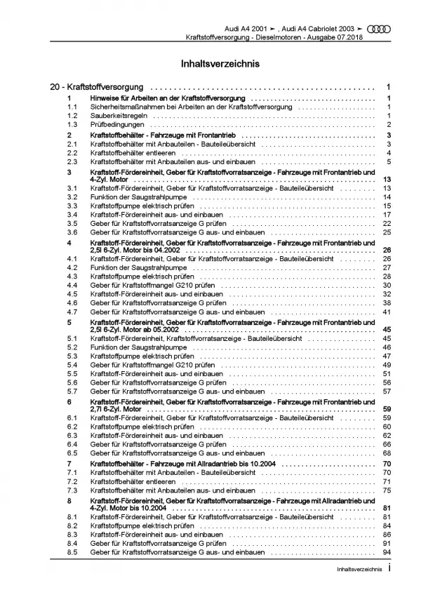 Audi A4 8E 2000-2008 Kraftstoffversorgung Dieselmotoren Reparaturanleitung PDF