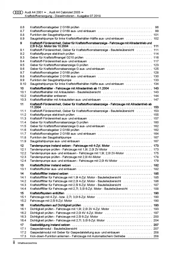 Audi A4 8E 2000-2008 Kraftstoffversorgung Dieselmotoren Reparaturanleitung PDF