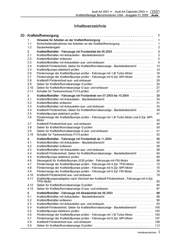 Audi A4 Typ 8E 2000-2008 Kraftstoffversorgung Benzin USA Reparaturanleitung PDF