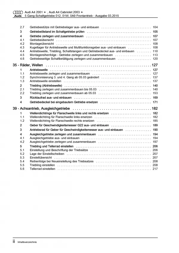 Audi A4 8E 2000-2008 5 Gang Schaltgetriebe 012 01W 0A9 Reparaturanleitung PDF