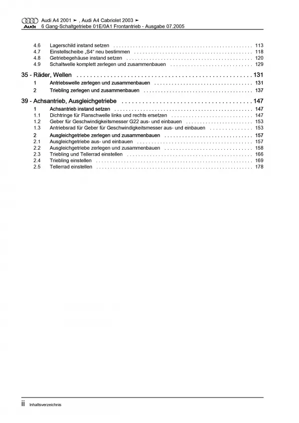 Audi A4 8E (00-08) 6 Gang Schaltgetriebe 01E 0A1 Kupplung Reparaturanleitung PDF