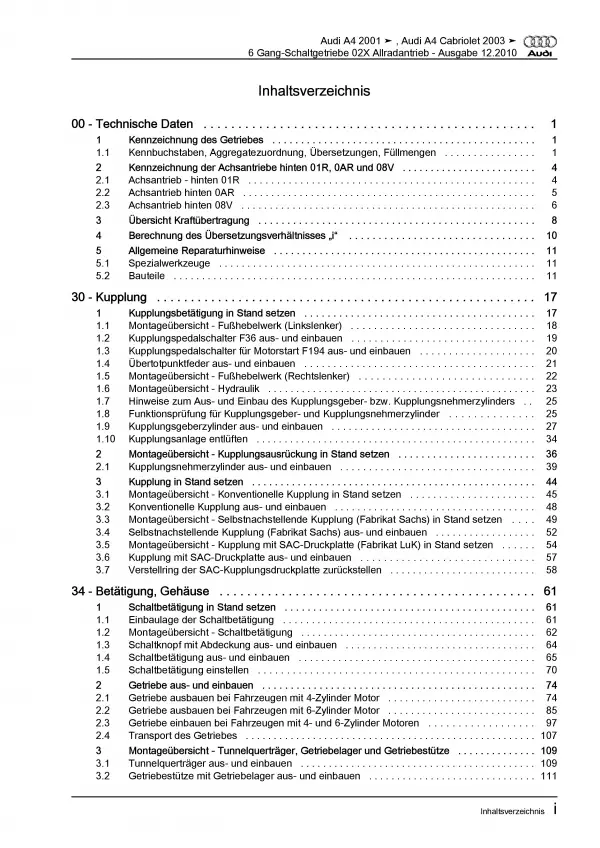 Audi A4 8E 2000-2008 6 Gang Schaltgetriebe 02X Kupplung Reparaturanleitung PDF