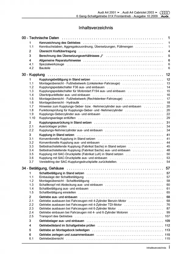 Audi A4 8E 2000-2008 6 Gang Schaltgetriebe Kupplung 01X Reparaturanleitung PDF