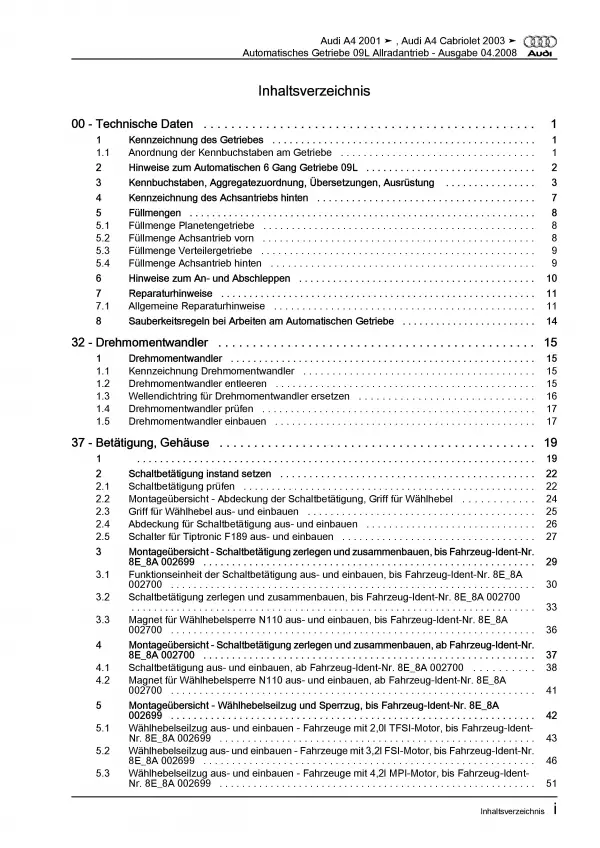 Audi A4 Typ 8E 2000-2008 6 Gang Automatikgetriebe 09L Reparaturanleitung PDF