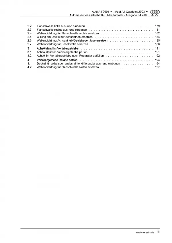 Audi A4 Typ 8E 2000-2008 6 Gang Automatikgetriebe 09L Reparaturanleitung PDF