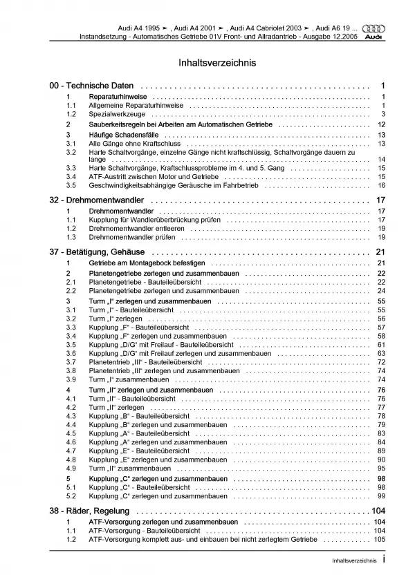 Audi A4 8E 2000-2008 Instandsetzung 5 Gang Automatik 01V Reparaturanleitung PDF