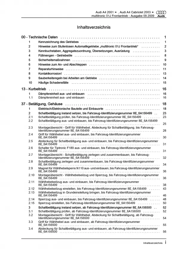 Audi A4 8E 2000-2008 Multitronic Getriebe Automatik 01J Reparaturanleitung PDF