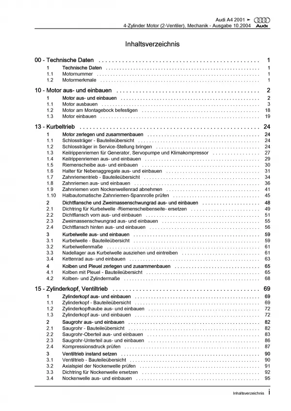 Audi A4 8E 2000-2008 4-Zyl. Dieselmotor Mechanik 102 PS Reparaturanleitung PDF