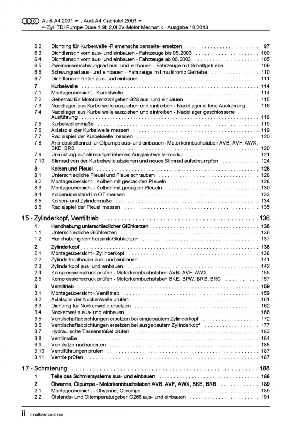 Audi A4 8E (00-08) 4-Zyl. Dieselmotor Mechanik 100-140 PS Reparaturanleitung